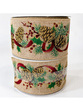 Lot of 2 x 25 ft Celebrate It Christmas Wired Ribbon 2.5" Pinecone Holly Burlap
